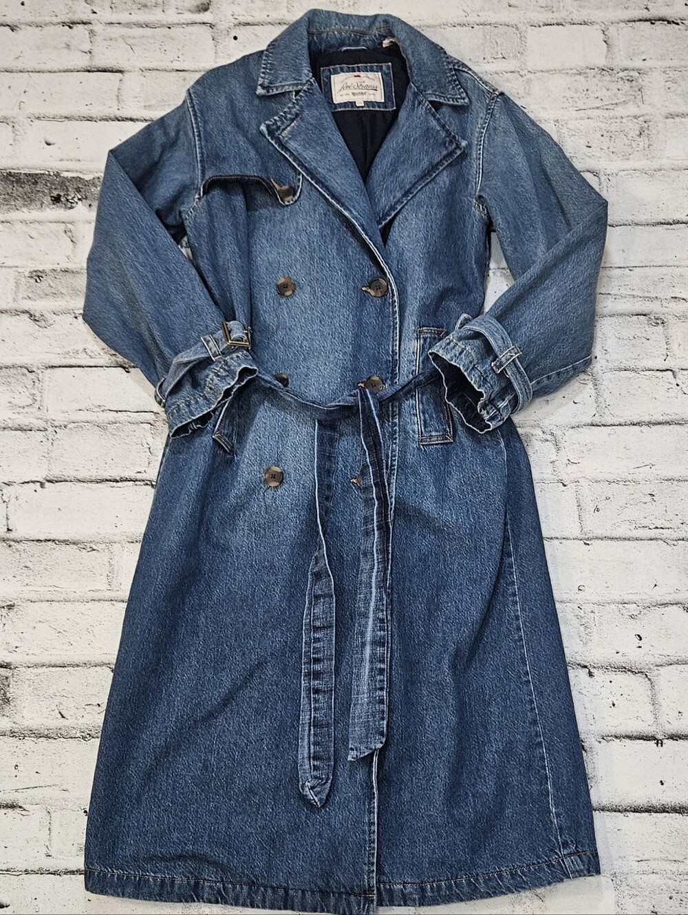 Levi Strauss Womens XXS Denim Trench Coat Long Belted Double Breasted Blue